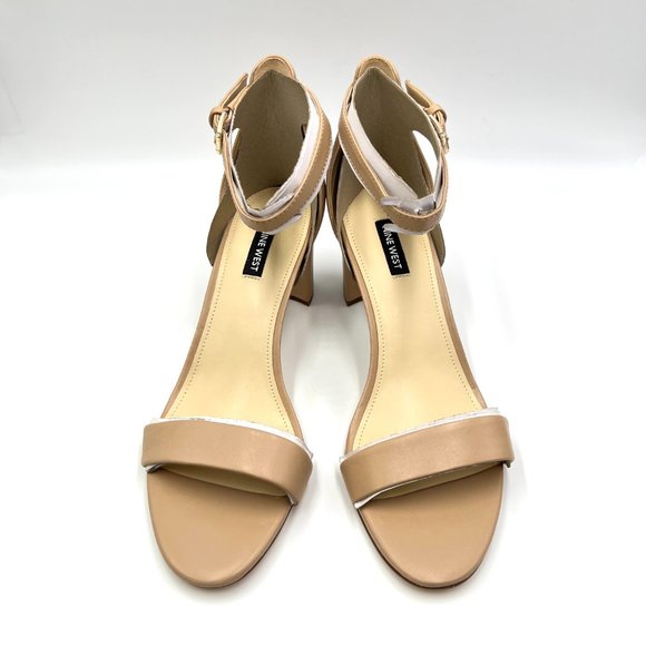 Nine West Pruce Beige Tan Natural Leather Open Toe Block Heels Sandals Shoes 10M - Picture 2 of 14